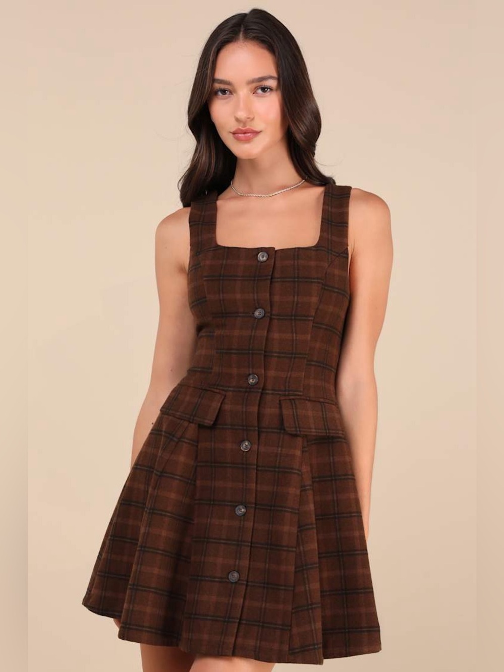 Lulus Autumn Approach Brown Plaid Sleeveless Button-Up Mini Dress Womens Size S - Picture 1 of 11